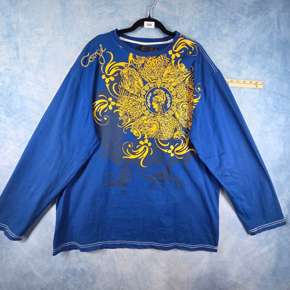 Coogi Mens Blue Long‎ Sleeve Graphic T-Shirt Medusa Gold Screen Print Size 3XL